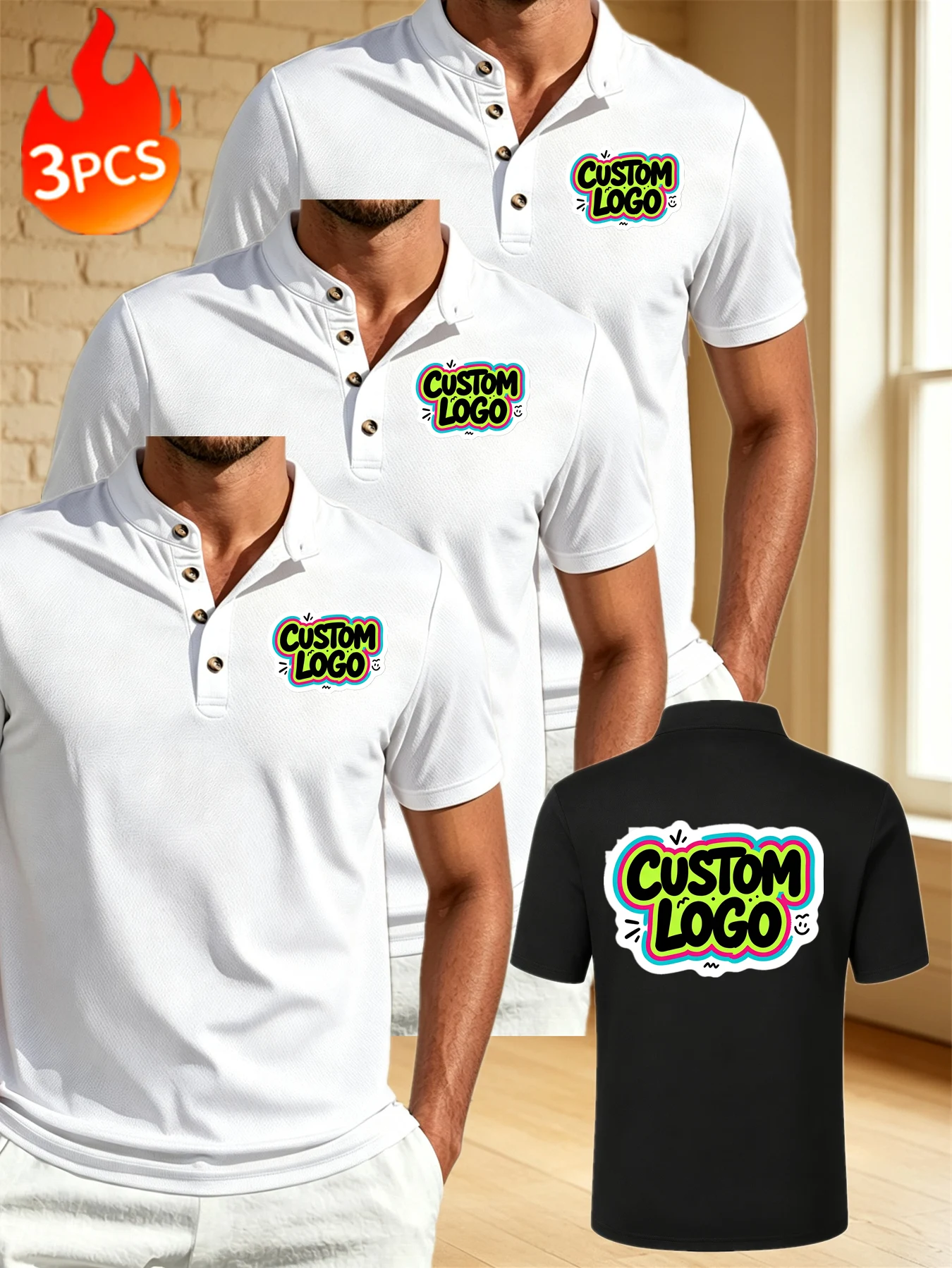 3pcs Custom Product - Customizable Men's Polo Shirt with Front Chest, Left Arm, and Back Customization - Corporate Uniform Custo