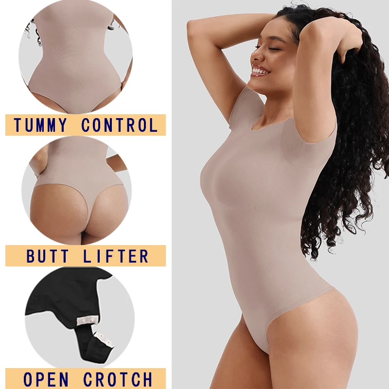 GUUDIA Open Crotch Crew Neck Seamless Slimming Butt Lifter Elastic Short Sleeve Women Thong Bodysuit Body Shaper Basic Shirt Top