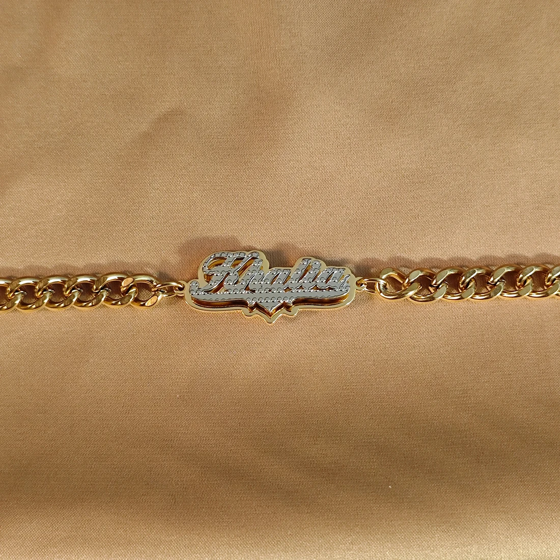 Customized Name Bangles Double Layer Two Tone Heart Nameplate Cuban Chain With Heart Personalized Custom Name Bracelet For Women