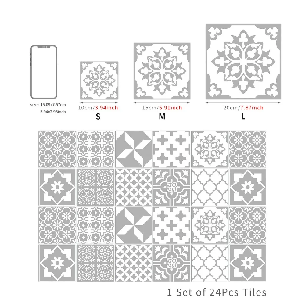 24Pcs/Set Mandala Style Ceramics Wall Sticker 10/15/20cm Vintage Peel & Stick Art Wall Decals Moisture-proof Self Adhesive
