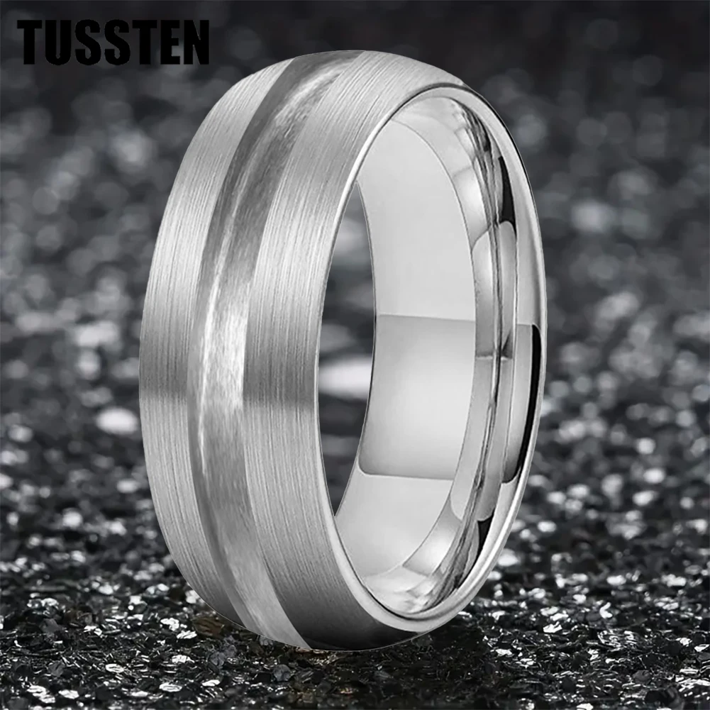 TUSSTEN 8MM Tungsten Blank Core Ring for Customized Inlay with 2/3/mm Groove Domed Brushed Surface Comfort Fit