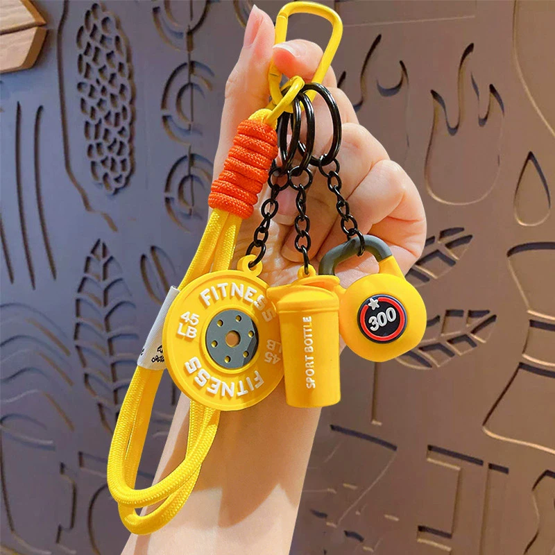 Hand-Woven Fitness Car Key Ring Anti-Lost Gym Lover Keychain with Weight Plate DIY Nylon Rope Pendant for Sports Enthusiasts