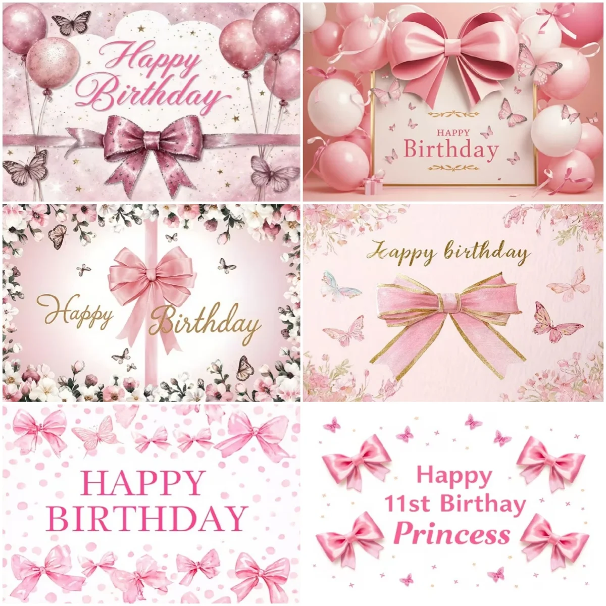 

Pink Bow Theme Birthday Party Decoration Banner Girl Butterfly Bow Balloon Flowers Background Baby Shower Photo Supplies Gifts