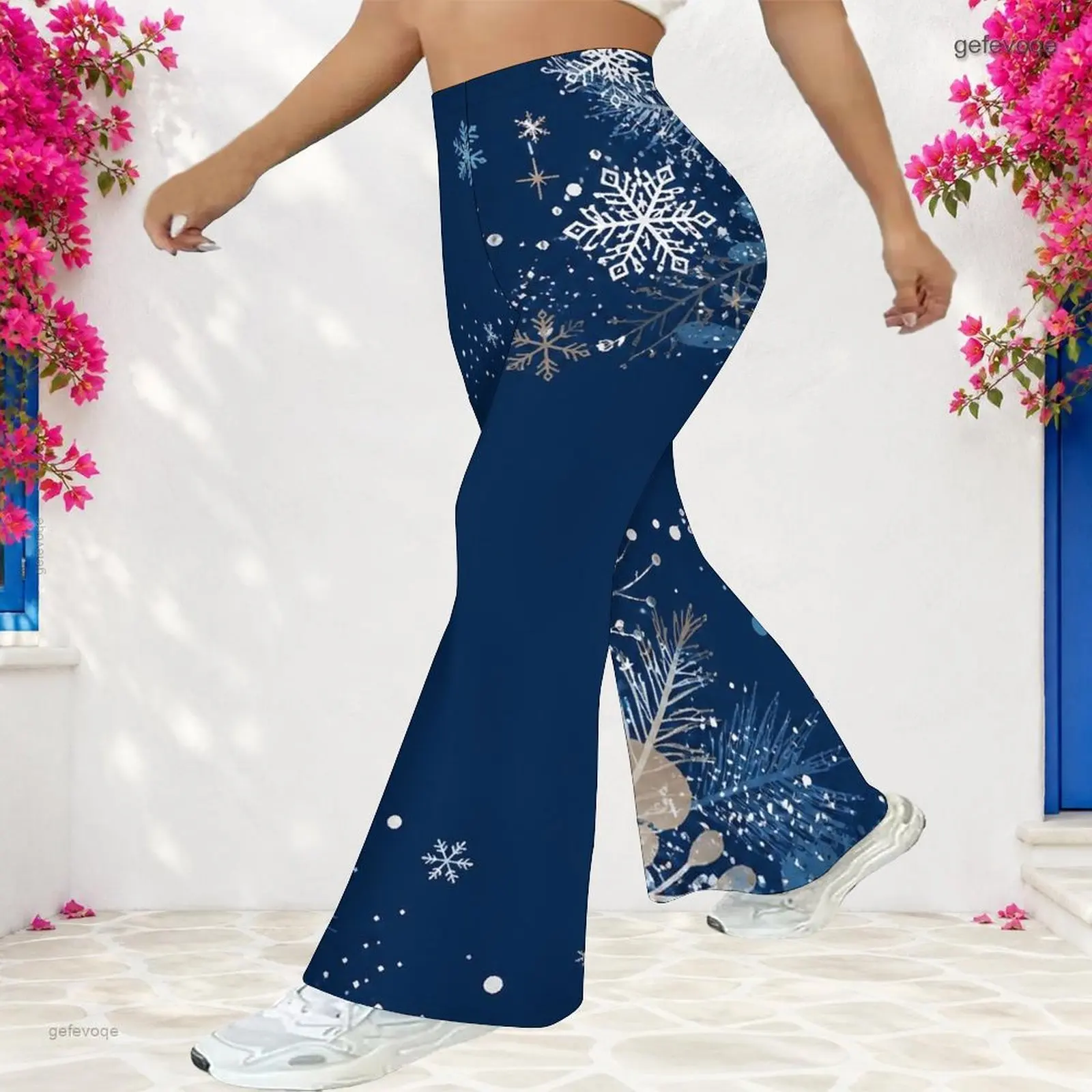 Women High Waist Full Length Navy Blue Printed Snowflake Foliage Flared Pants