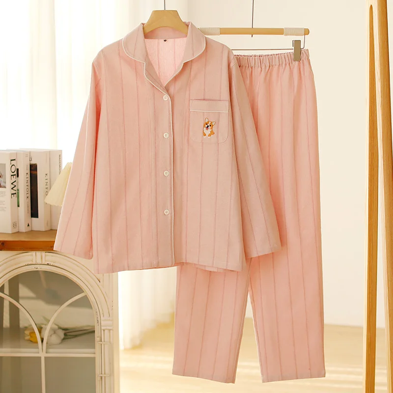 

2025 autumn new cotton brushed simple grid long sleeved pants casual plus size women's home suit set
