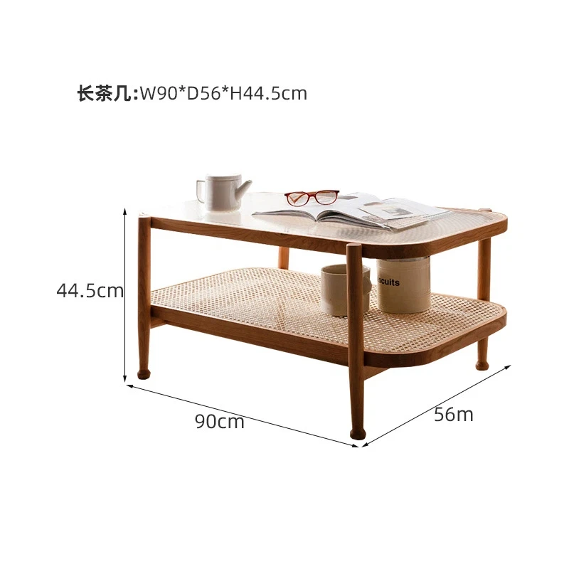 Nordic rattan coffee table living room solid wood round glass surface coffee table