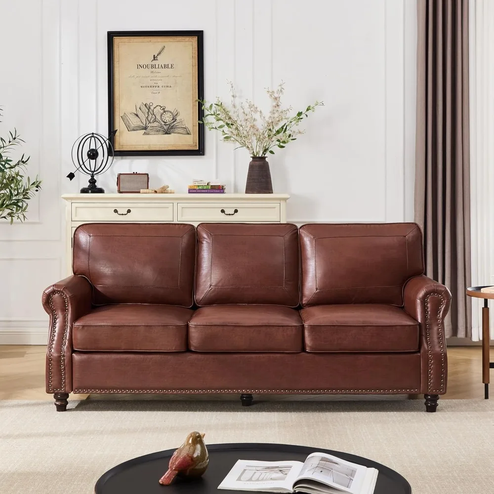 

Диван из искусственной кожи, в стиле середины века, с закругленными подлокотниками и декоративной отделкой гвоздями, для гостиной, офиса — на заказ