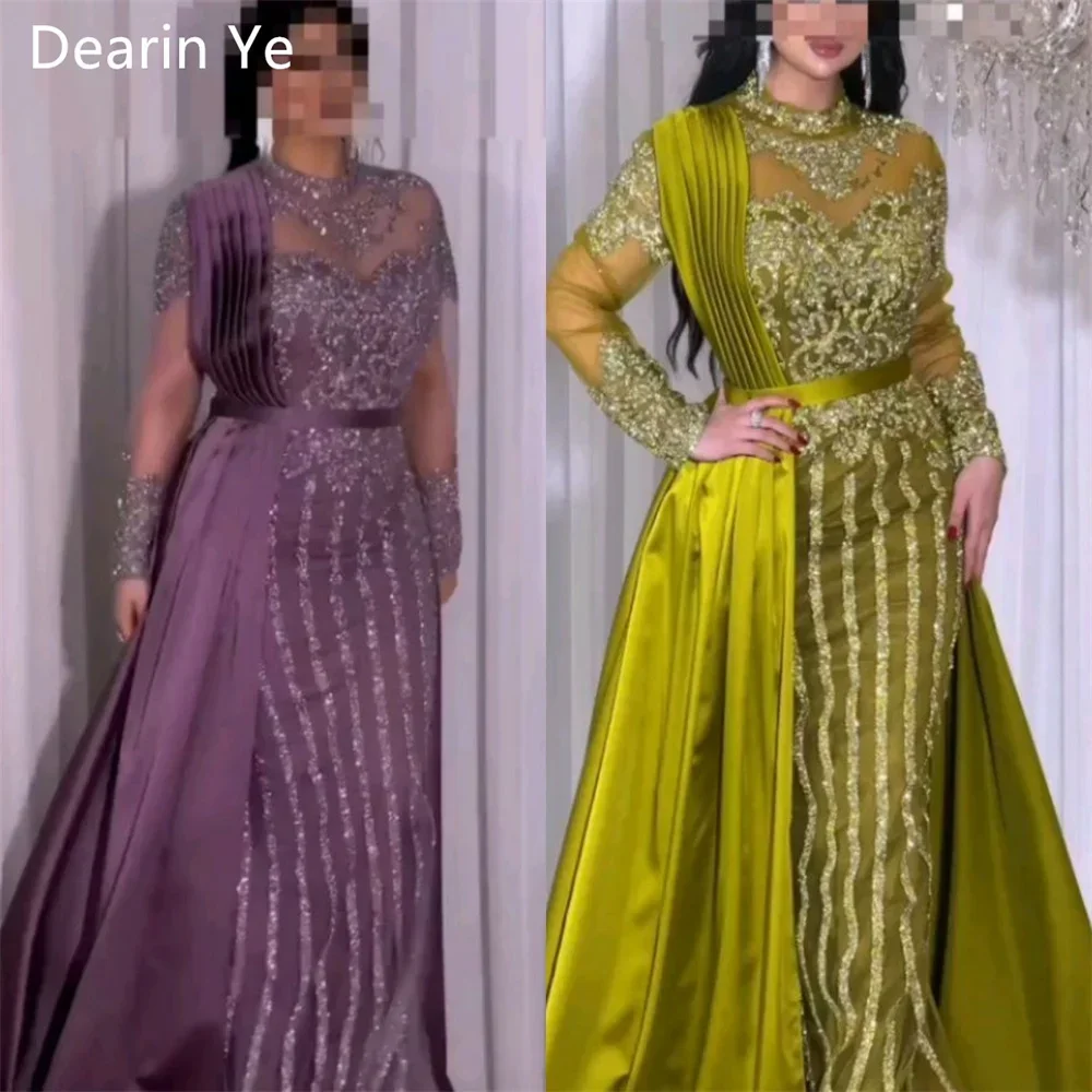 Abito da ballo personalizzato Arabia Saudita Formale Dearin Scollo rotondo A-line Lunghezza pavimento Gonne Paillettes Tulle Drappeggiato Applique Su misura O