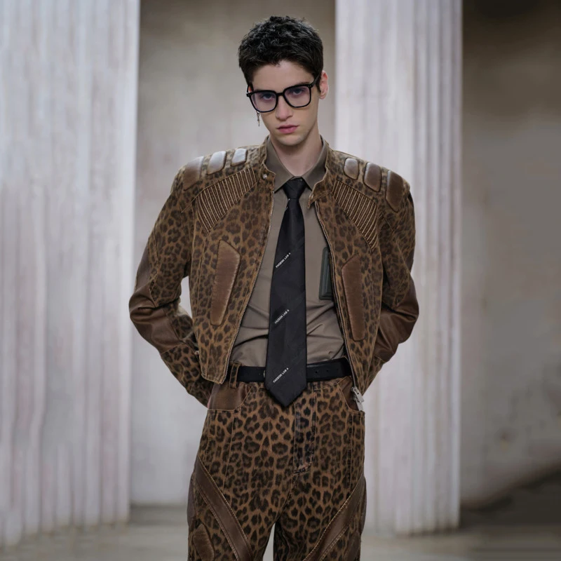 HKSH Spring Autumn New Men Original Design Leopard Print Moto-Biker Jacket Trend Fashion PU Leather Patchwork Punk Pants HK16539