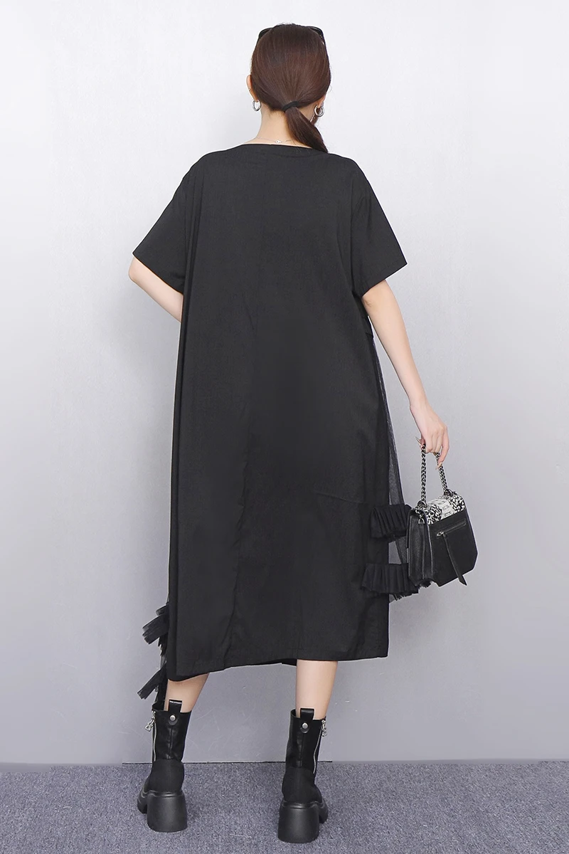 2025春夏新作 レディース イレギュラーメッシュTシャツ ルーズロングワンピース 半袖ワンピース 卸売 J1179