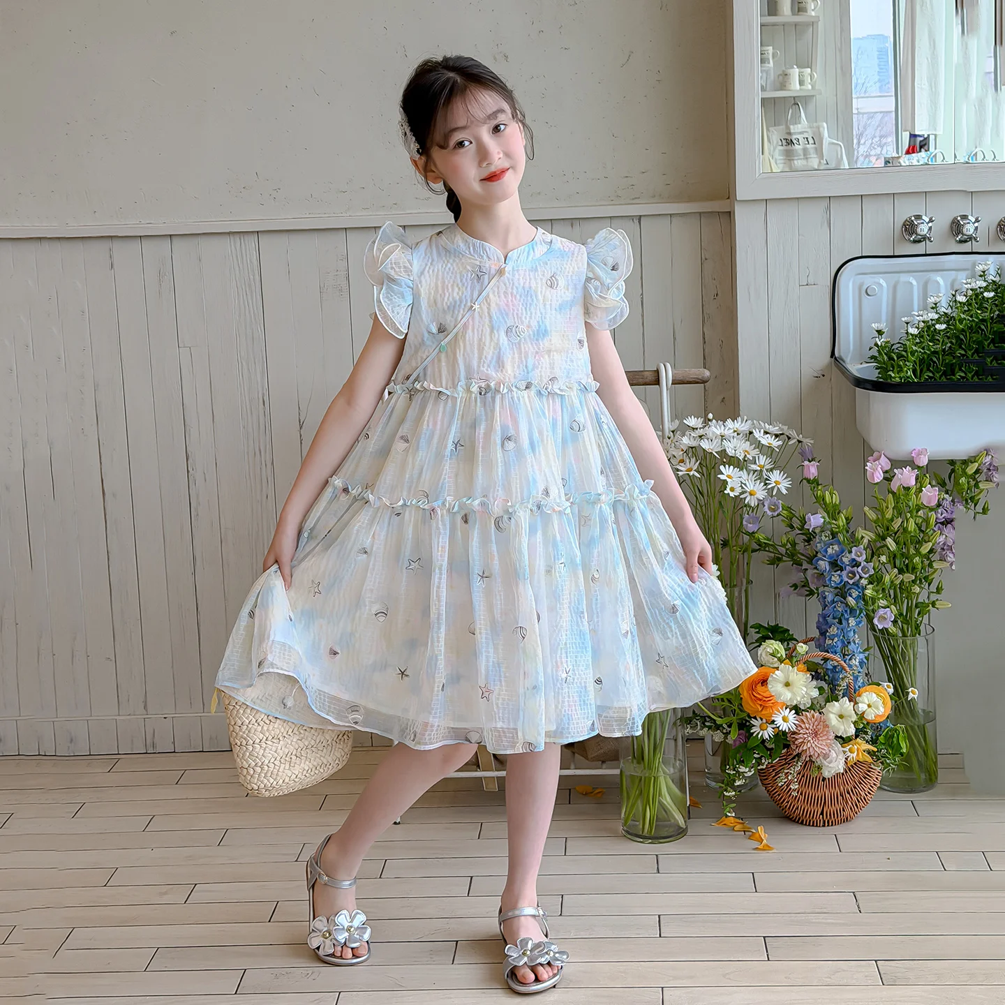 Dresses For Girls Princess Flutter Sleeve Ocean Shell Print Chiffon Tiered Cake Skirt Summer Party Birthday Dress Girls 6-12 Y