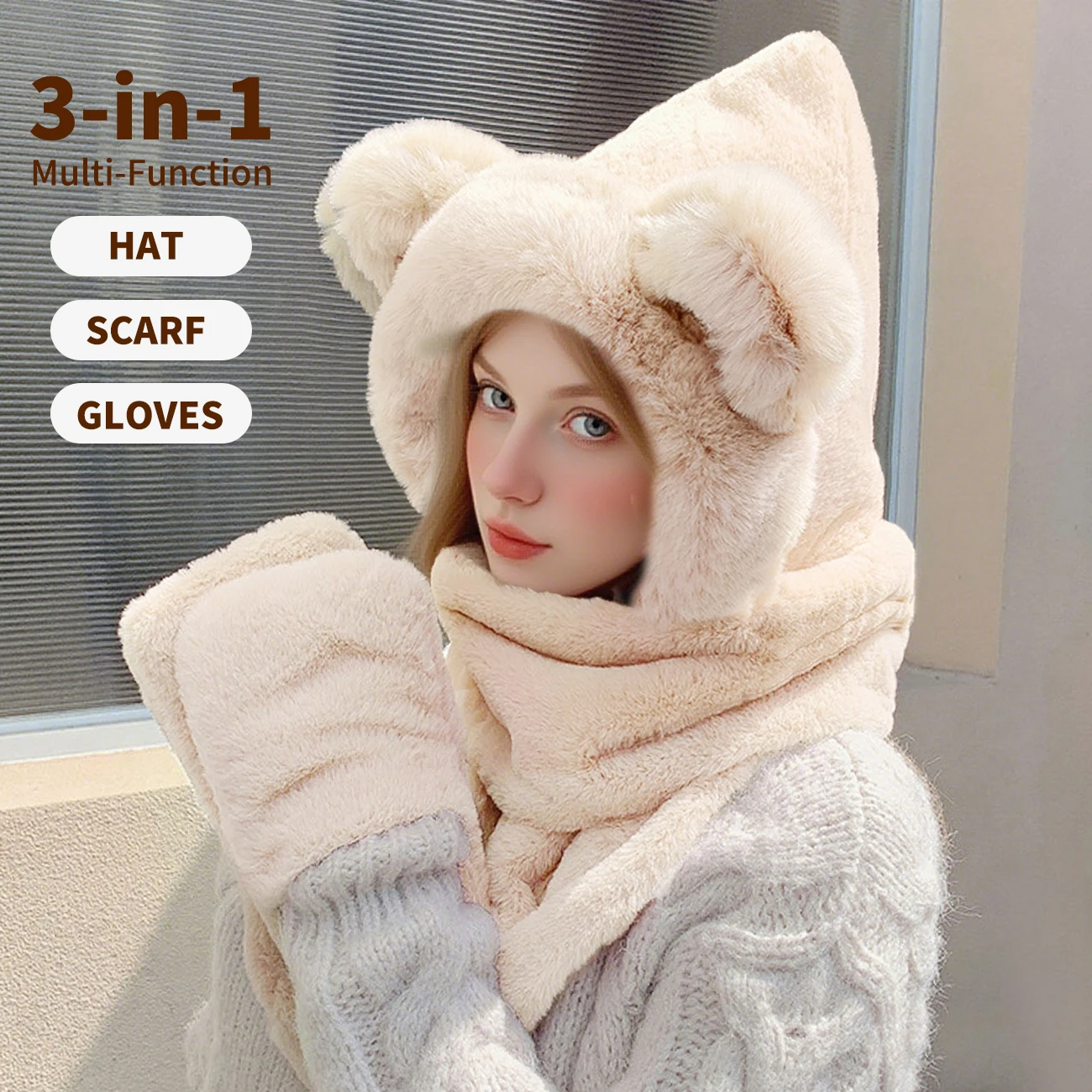 مجموعة ثلاثة في واحد، وشاح، قبعة، قفازات، هدية شتوية دافئة للصديقات والأصدقاء