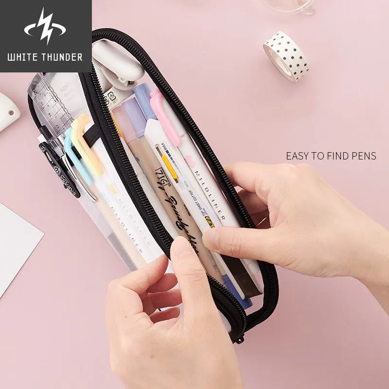 1pcs Angoo Transparent Mesh Pencil Case Pen Bag High Quality Ice Cream Color Storage Pouch Organizer for Stationery School A6452