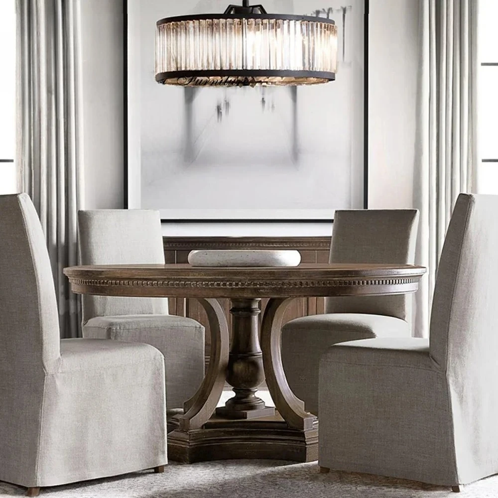 lxАмериканский круглый стол из цельного дерева, неоклассический круглый стол, дубовый старый обеденный стол в европейском стиле