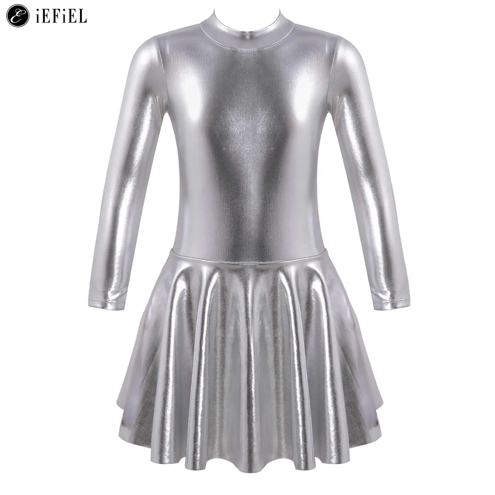 Kids Girls Shiny Metallic Long Sleeve Swing Dress Ballet Dance Ballroom Competition Jazz Hip Hop Stage Performance Costume