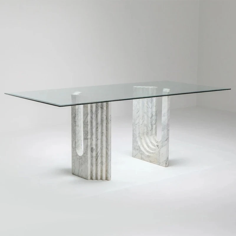 

Italian minimalist dining table, designer rectangular tempered glass dining table marble