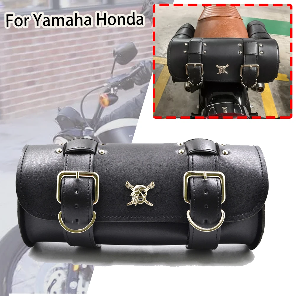 

Motorcycle Black PU Leather Saddle Barrel Pouch Bag For honda Yamaha Harley Chopper Bobber Cruiser Universal Handlebar Bag