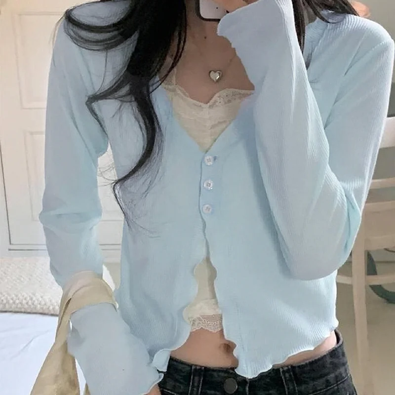 

Autumn Gentle Breeze Blue Slim Fit Three Button Cardigan Top Sweet Girl Mushroom Edge Long Sleeved T-shirt For Women