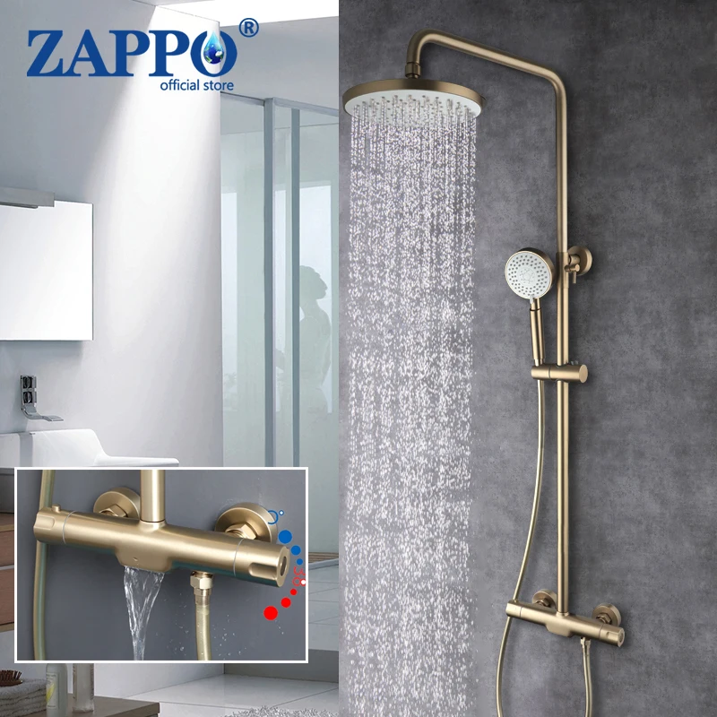 ZAPPO Brushed Gold Exposed Shower  Faucet Mixer with Tub Spout 3-Functional Exposed Shower Systerm with Brass Valve Wall Mounted