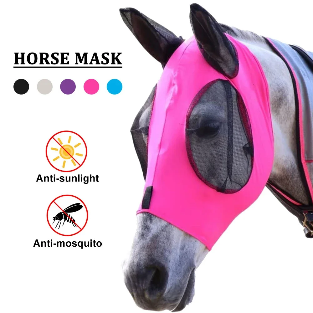 1pc Anti-Fly Mesh Equine Mask Horse Fly Mask Long Nose With Ears Horse Mask Stretch Bug Eye Horse Fly Mask With Covered Ears