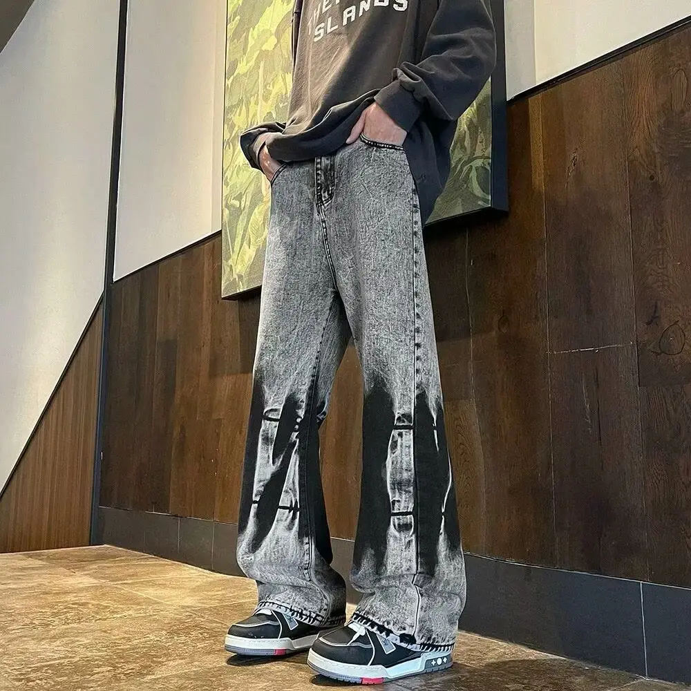 

Ретро американские облегающие прямые джинсы с принтом тай-дай, крутые модные уличные джинсовые брюки с низкой талией для мальчиков-подростков