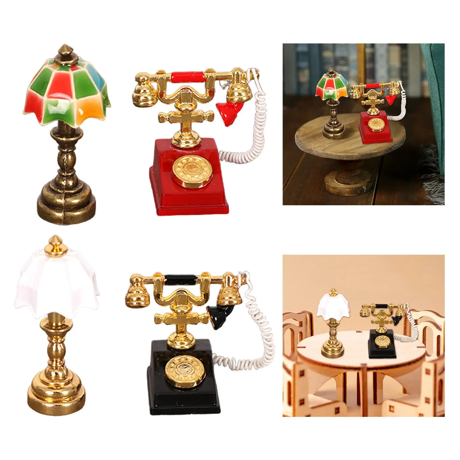 Lampe Miniature pour maison de poupée et ensemble de téléphone rotatif 1/12 pour décoration de Micro paysage