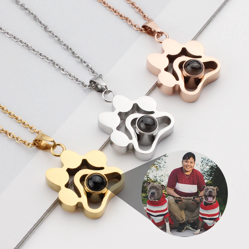 Custom Pet Photo Projection Necklaces Stainless Steel Photo Necklace Cat Dog Paw Pendant Choker Chain Pet Animal Memory Jewelry