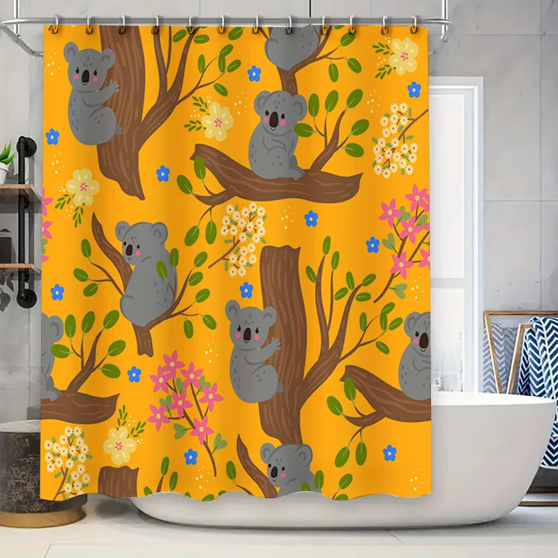 

Уютная занавеска для ванной комнаты с мультяшными коалами: ярко-желтая занавеска для душа для детских ванных комнат, декоративная ткань, застежки для душа fe
