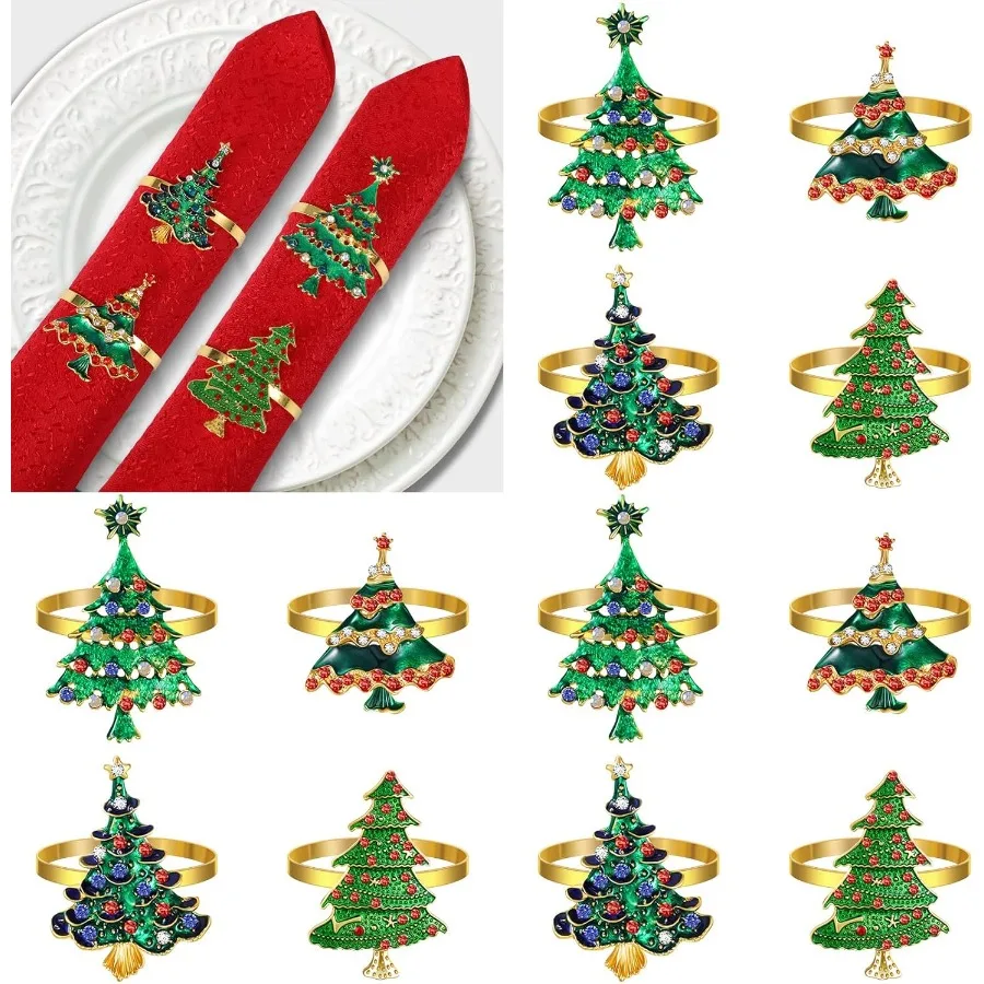 

Yungyan, 24 шт., рождественский держатель для колец для салфеток со снежинками, рождественская елка, кольцо для салфеток, пряжка со стразами, жемчугом, металл для Рождества
