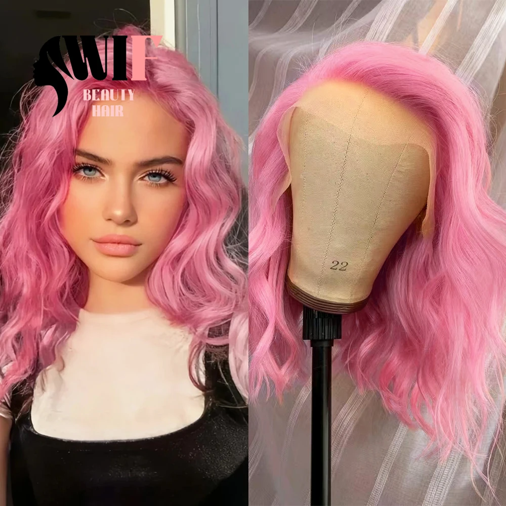 

WIF Pink Bob Synthetic Wig Water Wave Pink Hair Heat Resistant Fiber Lace Front Wigs Women Party Cosplay Use Short Bob Wavy Wig