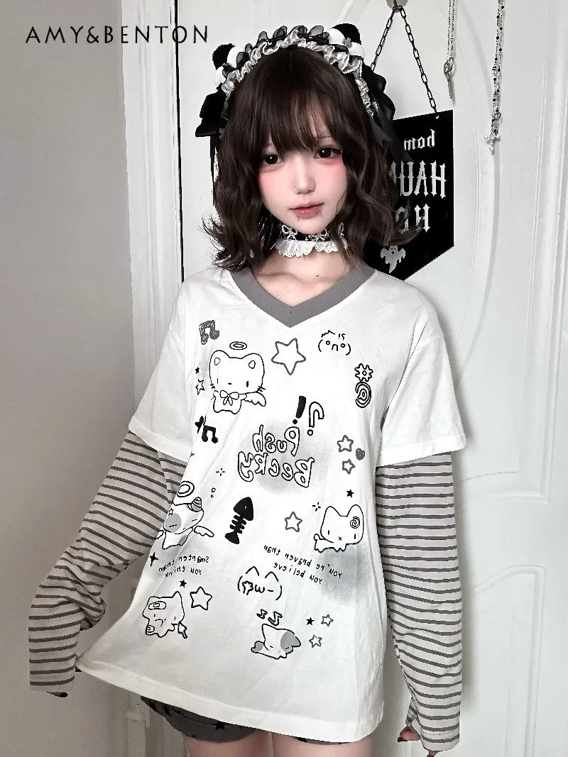 

Japanese Cute Cartoon Print Striped Loose Fake Two-Piece Round Neck Long Sleeve T-Shirt Women Preppy Style Sweet Kawaii Tops
