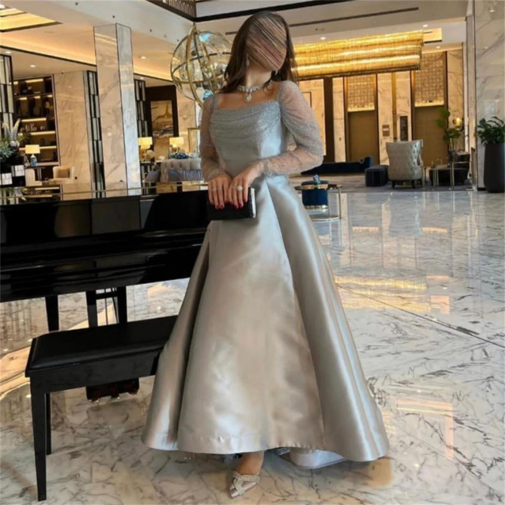 Fashion Gray Square Collar A-Line Satin Formal Occasion Prom Dresses Floor-length Women Evening Party Dress  فساتين السهرة