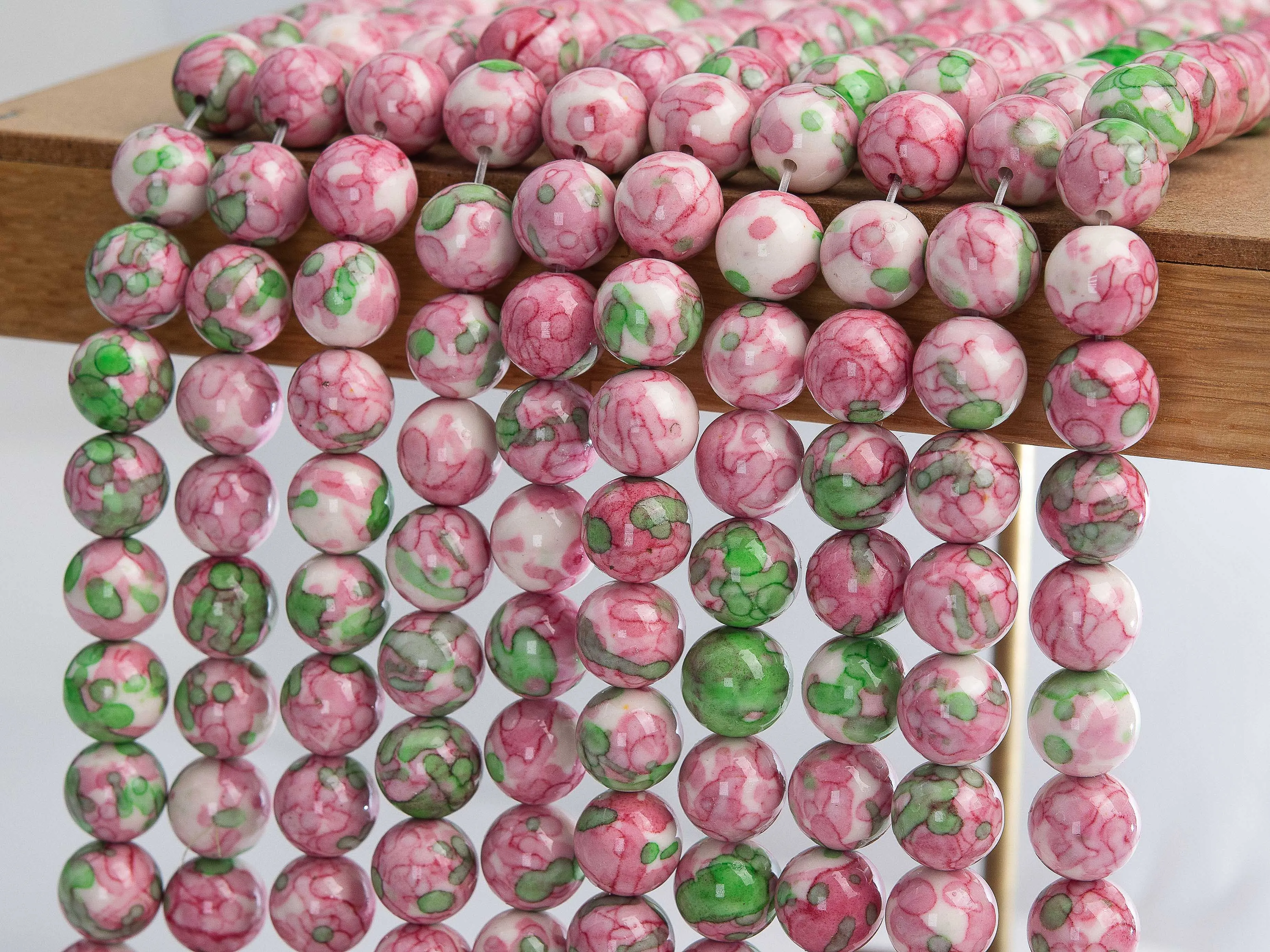 Pink & Green Rain Flower Jade Loose Beads Round Shape Size Options 4/6/8/10/12mm for Jewelry Making