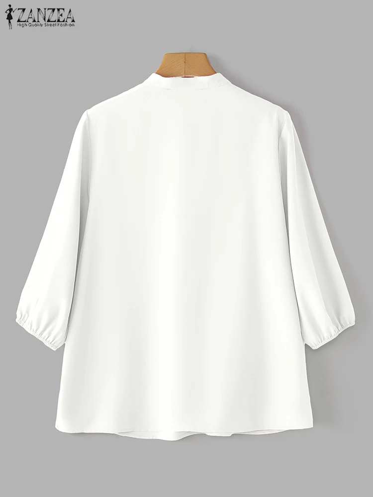 ZANZEA блузка с рукавом 3/4, женская блузка на шнуровке, модные топы с рюшами, мода 2025 года, однотонная туника с v-образным вырезом, повседневный плиссированный пуловер
