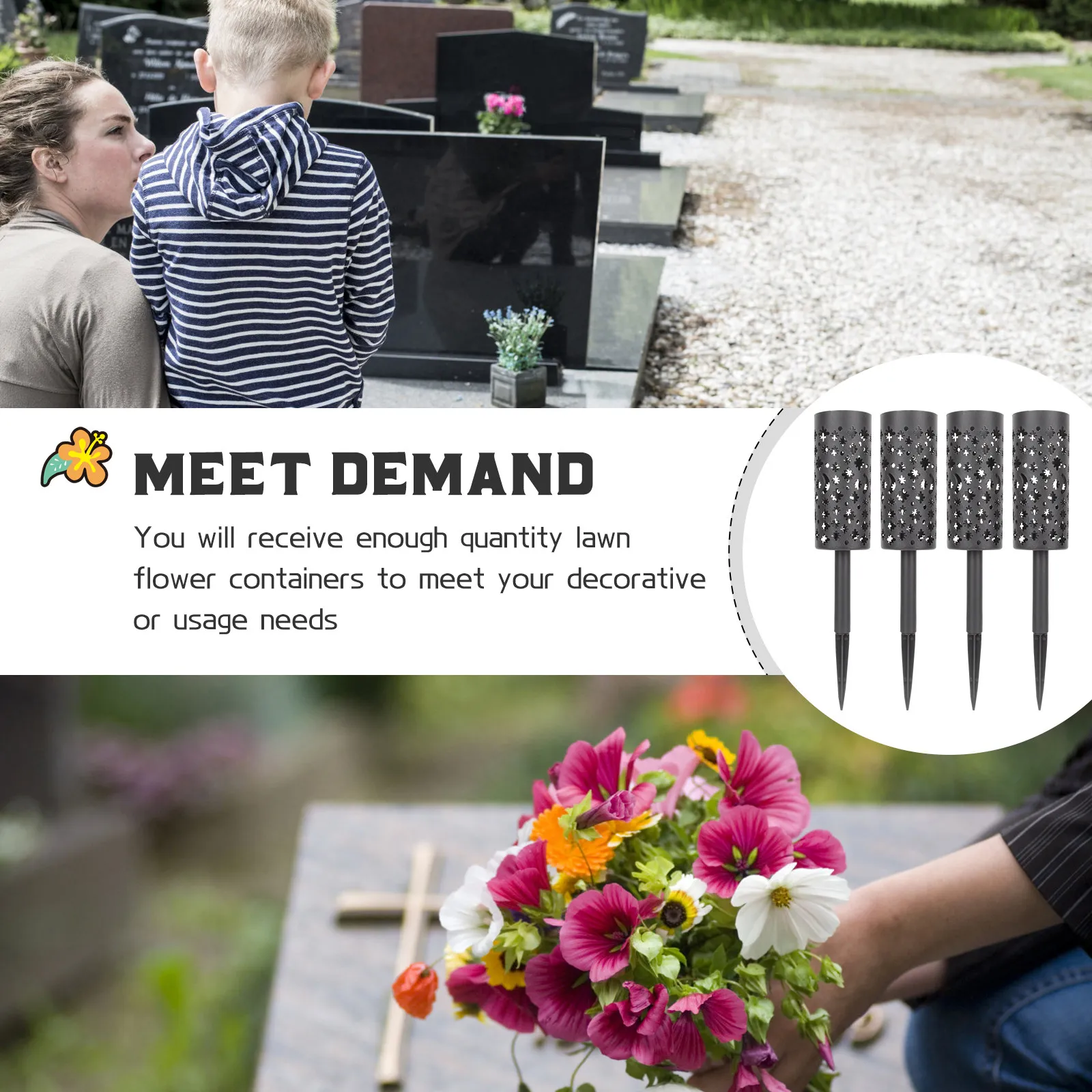 4Pcs Black Plastic Grave Flower Pot Cemetery Vase Hollow Spike Lawn Flower Container for Fresh Artificial Flowers Outdoor