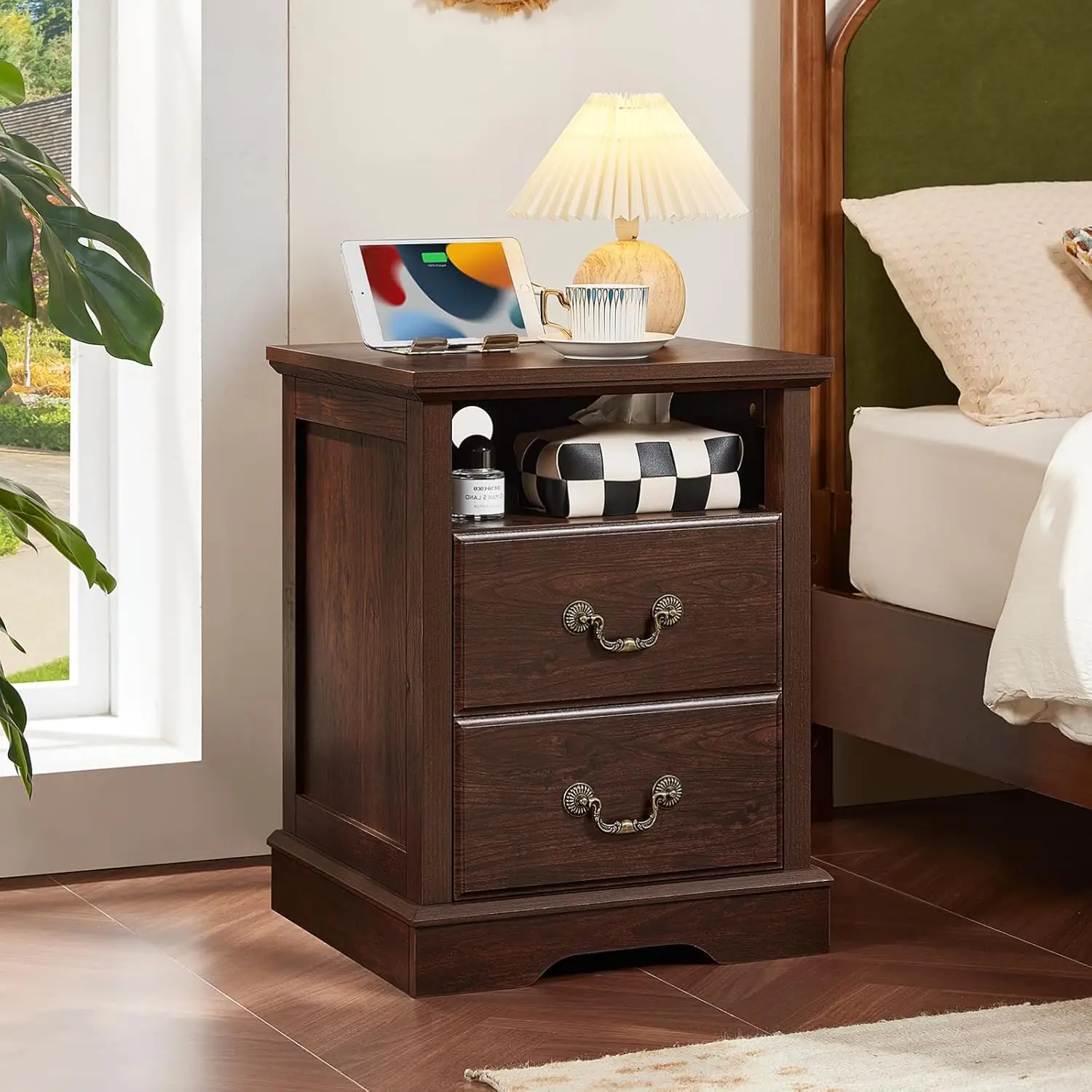 

Rustic Brown Wood Nightstand Charging Station 2 Drawers Storage Shelf 18in Wide Bedroom Living Room, Customized