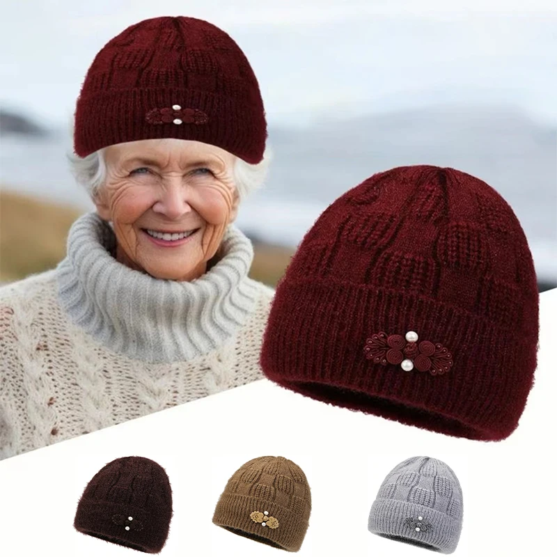 Middle-aged And Elderly Knitted Hats New Style Plus Velvet Thick Warm Wool Hats Mother And Grandmother Hats Pullover Hats