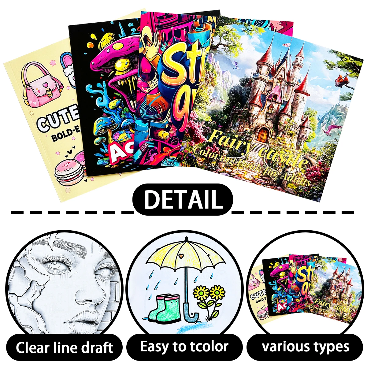 

Fairy tale castle and cute style! The adult coloring book features bold designs, street graffiti and acidic travel themes