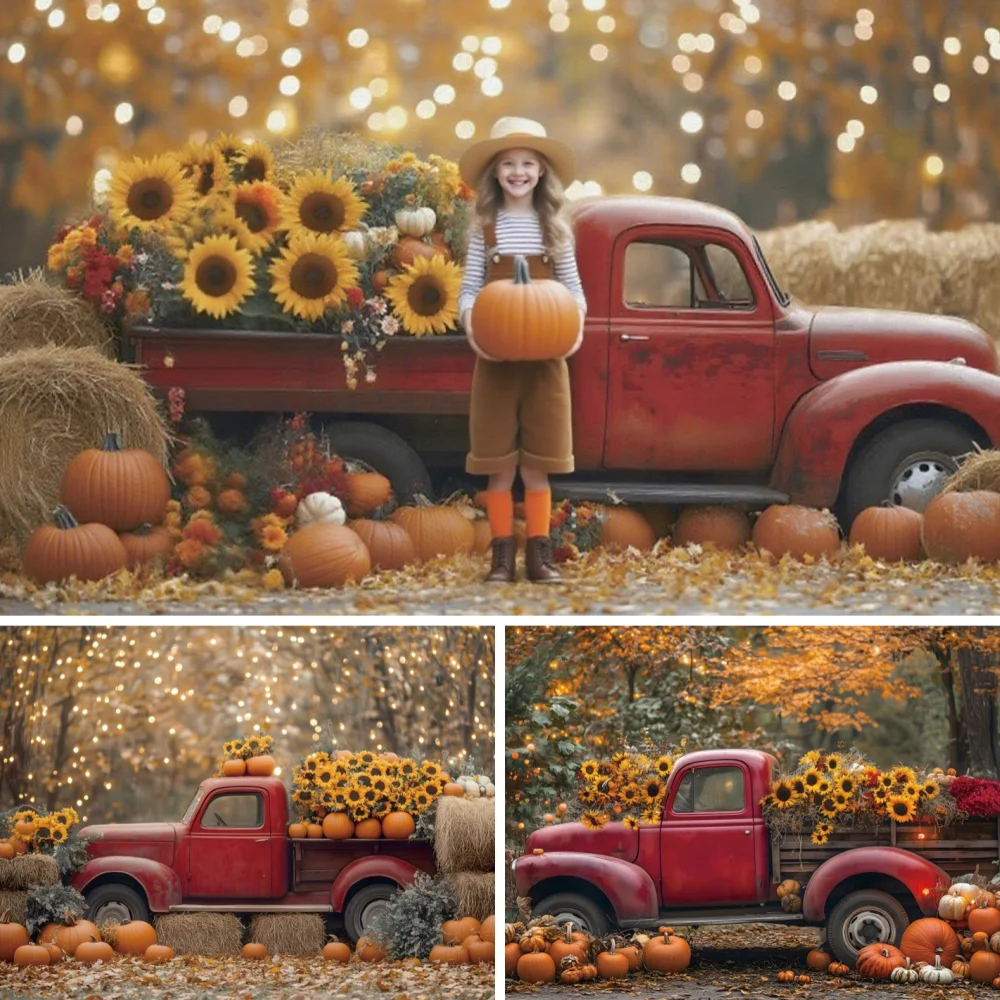 

Autumn Truck Sunflowers Photography Background Pumpkin Maple Leaves Backdrop Kids Birthday Portrait Decor Photozone Accessories