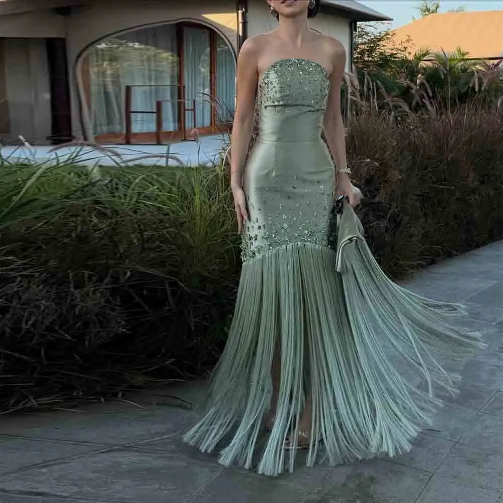 Customized Sage Green Strapless Mermaid Prom Dress Beaded Fringe Evening Gown Arabic Women Wedding Guest Dubai Party Dress