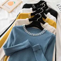 New Pullovers Jumper Knitted Sweater Women O Neck Casual Loose Clothes Beading Autumn Winter Woman Tops Long Sleeve Sweaters