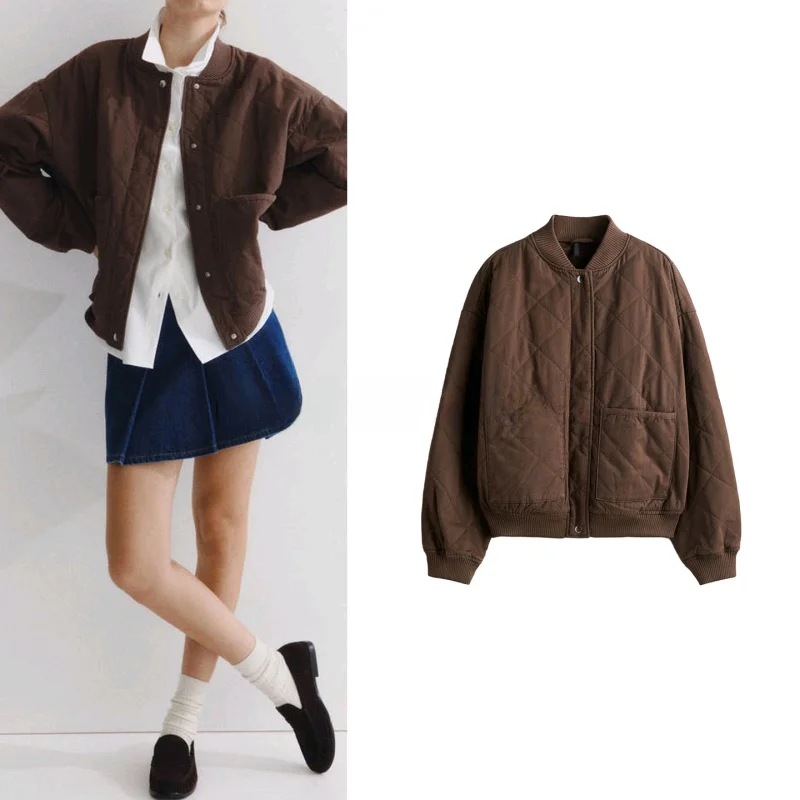 

Casual Style Pilot Jacket Women's Autumn Fashion Low Rib Collar Long Sleeve Quilted Cotton Coat Outerwear Polyester Fiber