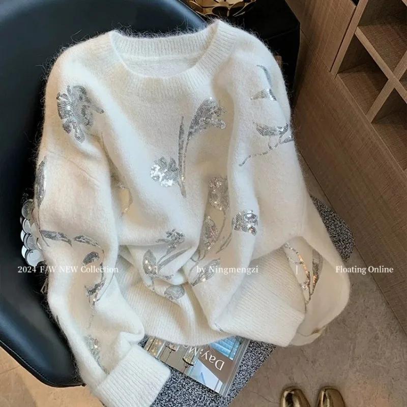 

Xgoth White Floral Sequin Pullover Sweater for Women Autumn and Winter New O-neck Loose Casual Knitted Pullover Women Tops