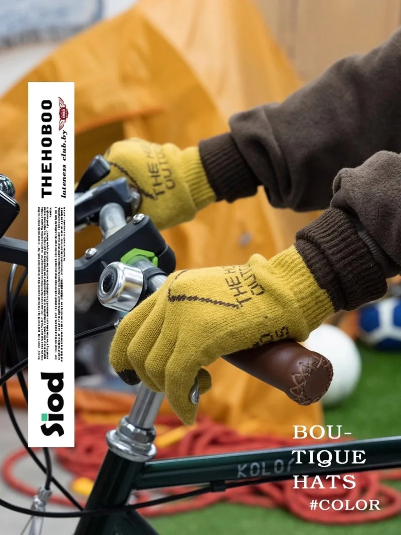 

Warm Jacquard Knitted Fabric Woolen Gloves Lemon Yellow Wine Red Touch Screen Outdoor Cycling Five-Finger Fashion Gloves