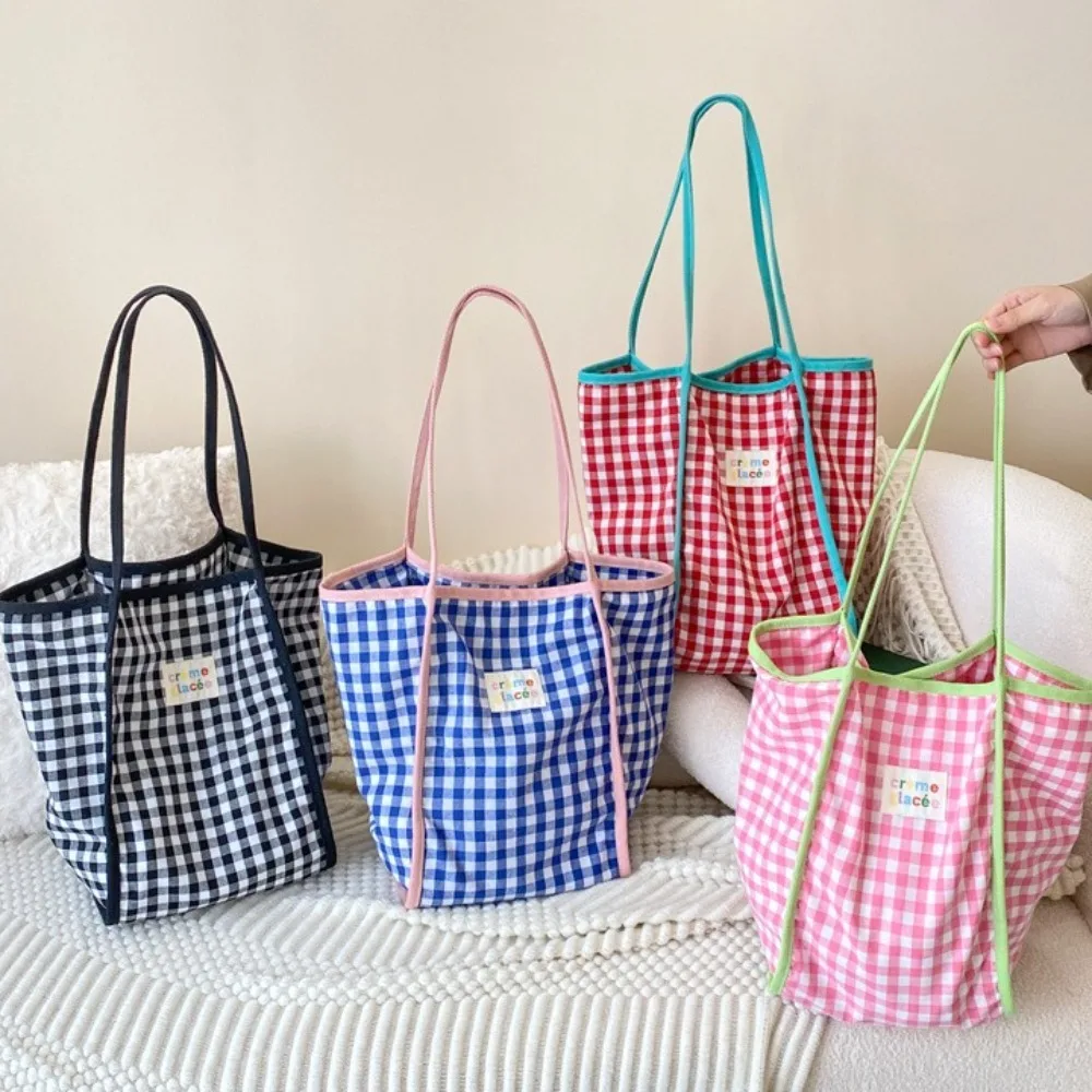 Women Canvas Shoulder Bag Red Plaid Books Daily Shopping Bags Students Bookbags Cotton Cloth Handbags Large Tote For Girls