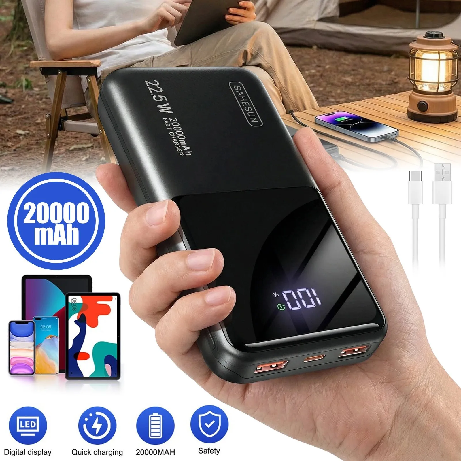 20000mAh Powerbank mit Digitalanzeige, tragbarer externer Akku mit großer Kapazität, 2,5W Schnellladegerät für Handys, Tablets, Bluetooth-Kopfhörer, Smartwatches, Fitness-Tracker