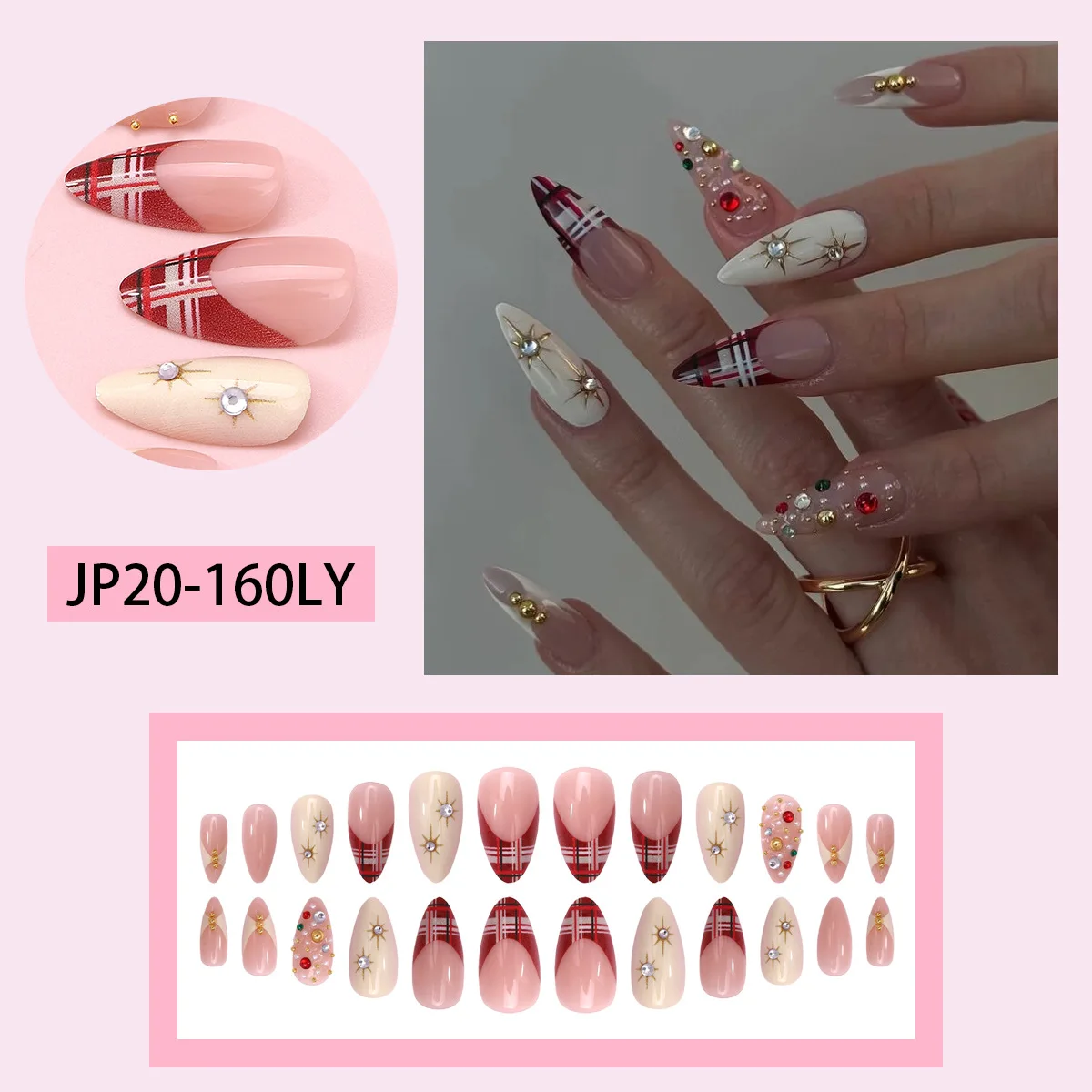 24 szt. Sztuczne paznokcie z dżetami, retro czerwone francuskie migdałki, odpinane, do noszenia, słodkie świąteczne paznokcie do naklejania