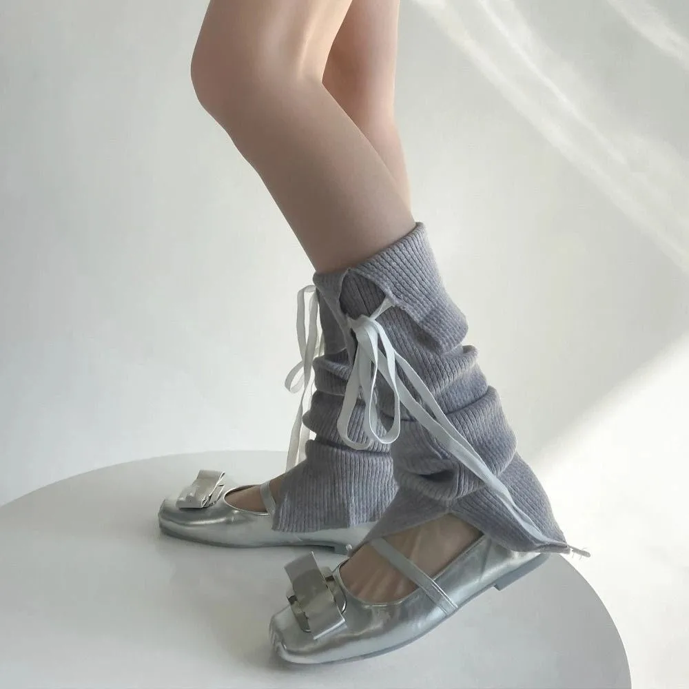 

Elastic Y2K Lace Up Leg Warmers Bow Tie Sweet Ballet Knit Banding Leggings Foot Cover Elastic Knee High Socks Streetwear