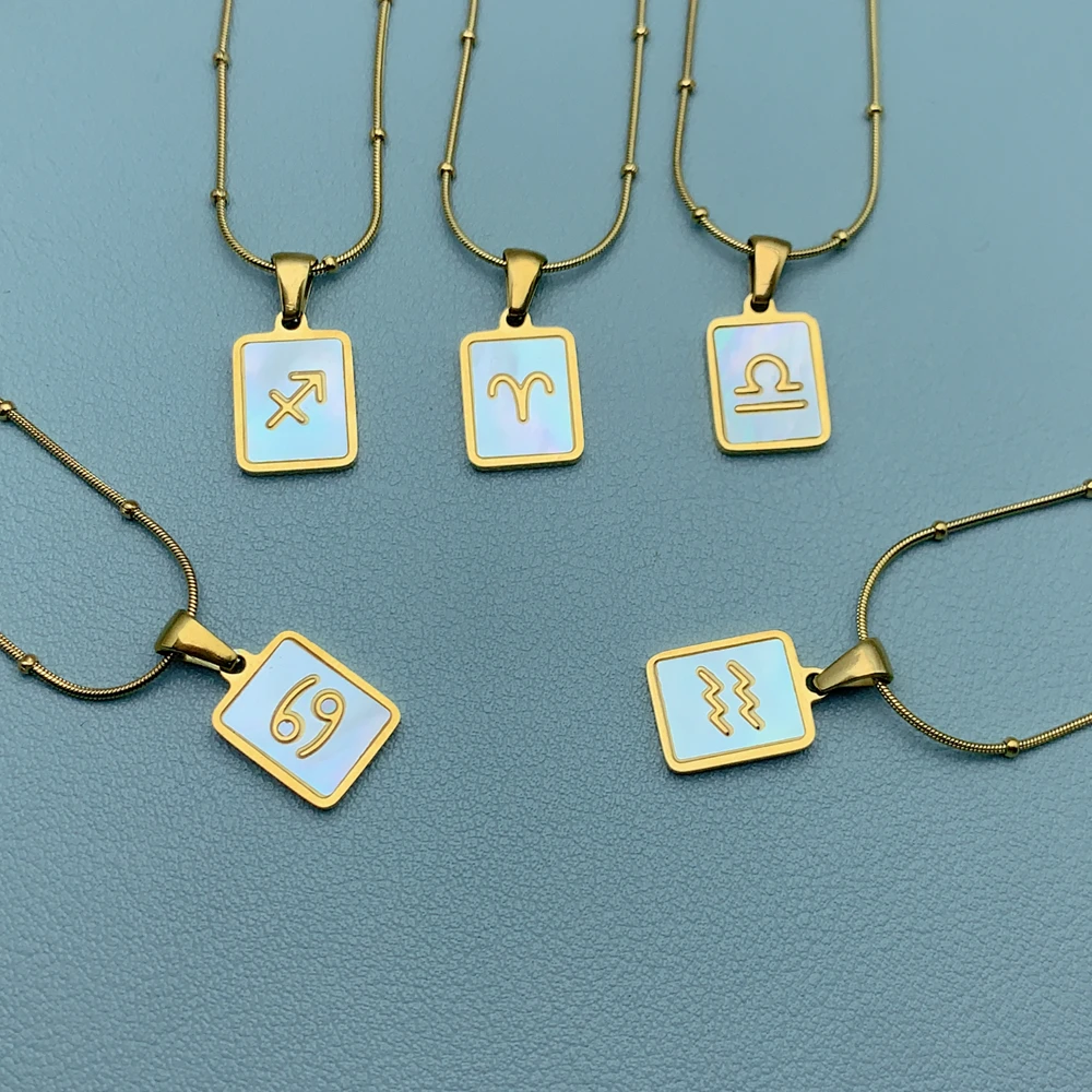 

Dainty Zodiac Necklace For Women Gold Plated Stainless Steel Shell Square 12 Constellations Pendant Necklace Jewelry Gifts