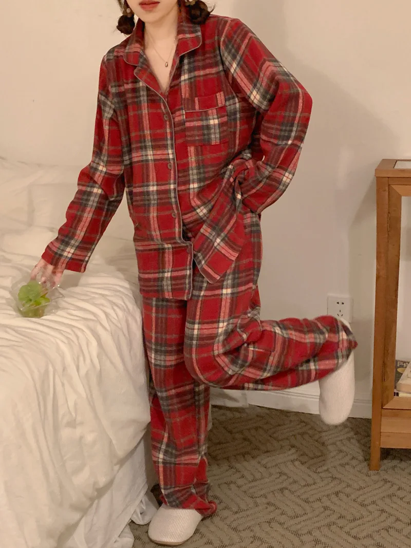 Red Plaid Cotton Pajamas Set Women Couple Lovers Two Piece Home Suit Kawaii Pockets Homewear Single Breasted Shirts + Trousers